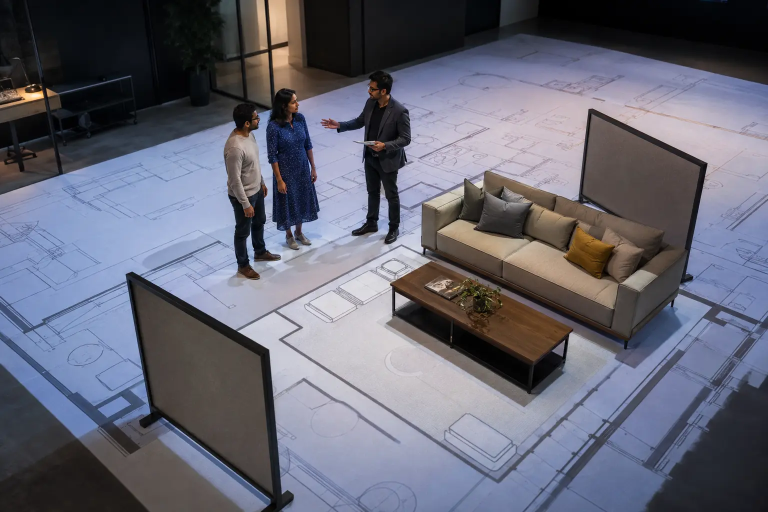 Clients experiencing their proposed home layout through a full-scale floor plan walkthrough